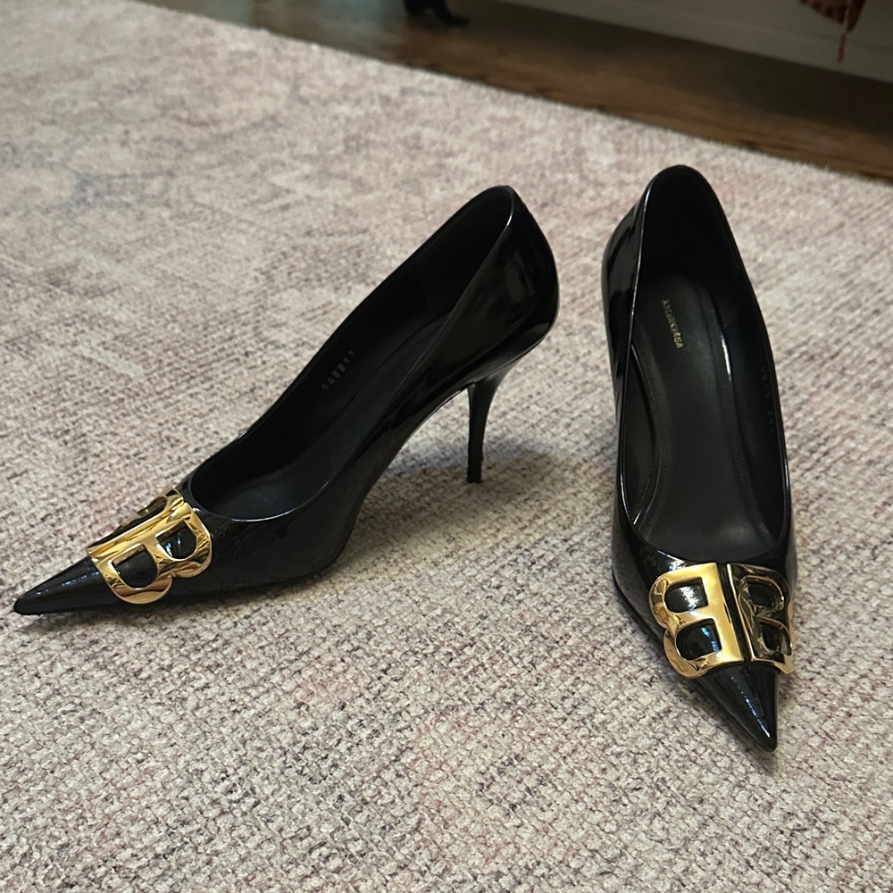 Balenciaga Black Heels with Gold BB logo